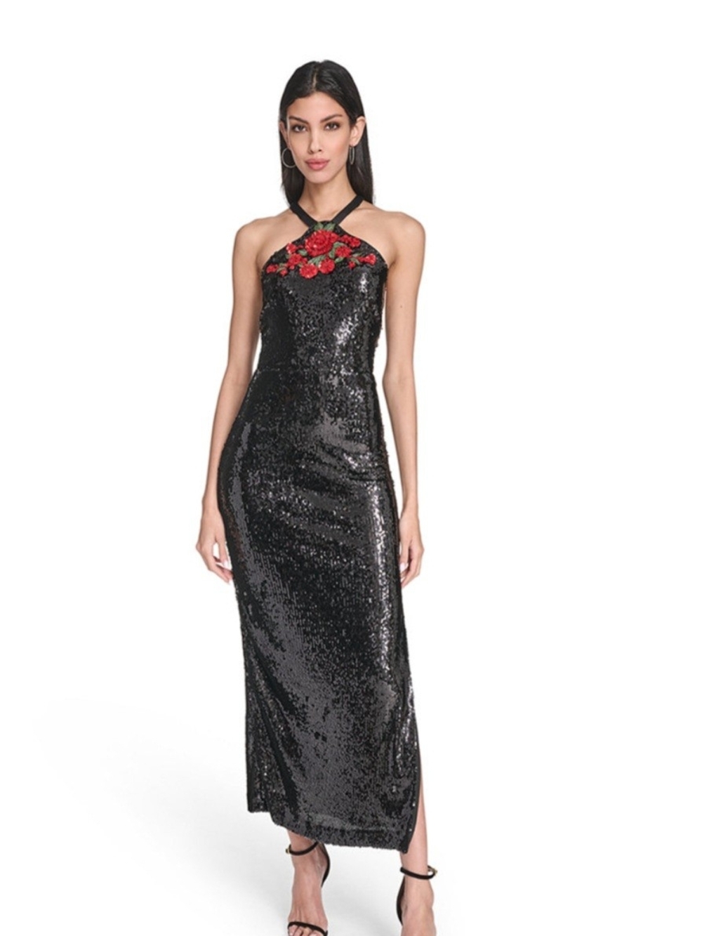 Eliza J Black Sequin Halter Gown with Red Floral Bodice